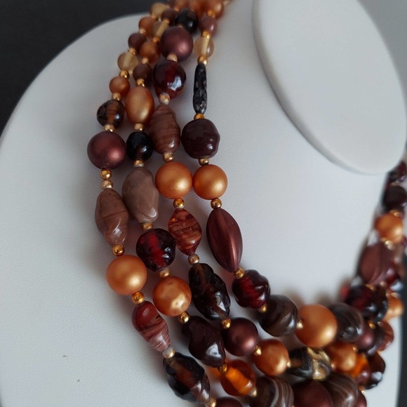 Vintage Japan Multi Strand Mix Bead Collar Necklace 15" Glass Brown Gold Estate - Picture 8 of 12